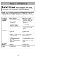 Page 40- 9 -
Tabla de contenido
Table des matières
Renseignements importants  ...................... 3
Importantes mesures de sécurité  .............. 6
Nomenclature .......................................... 10
Tableau des caractéristiques ......................11
Assemblage ............................................ 13
Montage du manche  ..............................13
Crochet de rangement du cordon  ........ 15
Rangement des accessoires .................. 15
Caractéristiques...