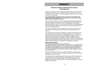 Page 41- 8 -
- 41 -
TABLE OF CONTENTS
WARRANTY
CONSUMER INFORMATION.................................................................................................... 2
IMPORTANT SAFETY INSTRUCTIONS....................................................................................5
PARTS IDENTIFICATION........................................................................................................ 10
FEATURE...