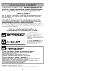 Page 4- 45 -
- 4 -
Porter une attention particulière à tous les
avertissements et à toutes les mises en garde.
AVERTISSEMENT
POUR PRÉVENIR LE RISQUE DE CHOCS ÉLECTRIQUESNe jamais utiliser l’aspirateur sur une surface humide ou pour aspirer des liquides.
Ne jamais ranger l’appareil à l’extérieur.
Remplacer immédiatement tout cordon d’alimentation usé ou éraillé.
Débrancher l’appareil de la prise secteur après usage et avant tout entretien.POUR PRÉVENIR LE RISQUE D’ACCIDENTSÀ lexception des aspirateurs à main,...