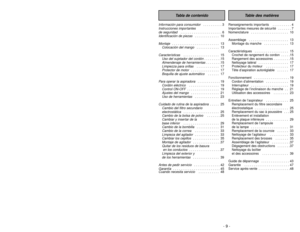 Page 9- 9 -
Renseignements importants   . . . . . . . . . . 4
Importantes mesures de sécurité   . . . . . . . 7
Nomenclature  . . . . . . . . . . . . . . . . . . . . 10
Assemblage   . . . . . . . . . . . . . . . . . . . . . 13
Montage du manche   . . . . . . . . . . . . . 13
Caractéristiques   . . . . . . . . . . . . . . . . . . 15
Crochet de rangement du cordon  . . . . .15
Rangement des accessoires . . . . . . . . .15
Nettoyage latéral   . . . . . . . . . . . . . . . . 17
Protecteur du moteur   . . . . . . ....