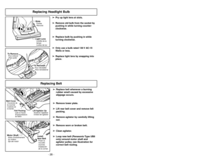 Page 28- 21 - - 28 -
Ajustes del mango
1)➢Pise en el pedal de liberación del
mango para cambiar la posición del
mango.
1)➢Avec le pied, appuyer sur la pédale de
réglage de l’inclinaison du manche pour
mettre le manche à la position désirée.Réglage de l’inclinaison du manche
2)➢Mueva la aspiradora a la posición
vertical para el amenace y el uso de las
herramientas.3)➢Mueva la aspiradora a la posición
mediana para el uso normal.4)➢La posición baja para limpiar debajo de
los muebles.
4)
➢La position à plat...