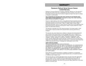 Page 41- 8 -
- 41 -
TABLE OF CONTENTS
WARRANTY
CONSUMER INFORMATION.......................................................................................... 2
IMPORTANT SAFETY INSTRUCTIONS.......................................................................... 5
PARTS IDENTIFICATION................................................................................................ 10
FEATURE CHART............................................................................................................ 11...