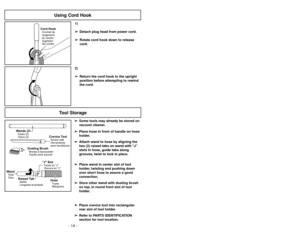 Page 141)
➢ ➢
Detach plug head from power cord.
➢ ➢
Rotate cord hook down to release
cord.
Cord HookCrochet de
rangement
du cordon
Sujetador
del cordón
2)
➢ ➢
Return the cord hook to the upright
position before attempting to rewind
the cord.
Using Cord Hook
Tool Storage
Wands (2)Tubes (2)
Tubos (2)
Dusting BrushBrosseàépousseter
Cepillo para sacudir
Crevice ToolSuceur plat
Herramienta
para hendiduras
“J SlotFente en“J”
Ranura en J”
Raised TabSaillie
Lengüeta levantada
WandTube
Tubo
HoseTuyau
Manguera
➢ ➢
Some...