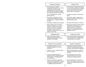 Page 19- 30 -
Indicador de aspiración
Indicateur du sac à poussière
➢El indicador de aspiración detecta
cuando se necesita cambiar la bolsa
para polvo o hay residuos en la aspiradora.
➢Revise la bolsa para polvo cuando el
indicador de aspiración muestra FULL
(LLENO).
➢Si la bolsa para polvo está lleno,
cambie la bolsa según la sección
“Cambiar de la bolsa para polvo”.
➢Si la bolsa para polvo no está lleno,
revise si hay residuos según la sección
“Quitar de los residuos de basura en los
conductos”.
➢Cet...