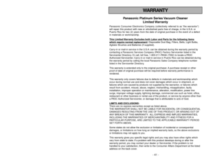 Page 41- 8 -
- 41 -
TABLE OF CONTENTS
WARRANTY
CONSUMER INFORMATION.......................................................................................... 2
IMPORTANT SAFETY INSTRUCTIONS.......................................................................... 5
PARTS IDENTIFICATION................................................................................................ 10
FEATURE CHART............................................................................................................ 11...