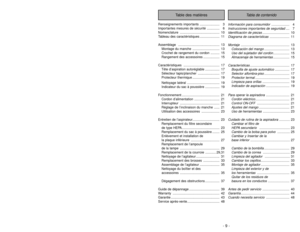 Page 9Tabla de contenido
Table des matières
Renseignements importants ...................... 3
Importantes mesures de sécurité .............. 6
Nomenclature ............................................ 10
Tableau des caractéristiques ...................... 11
Assemblage .............................................. 13
Montage du manche  .............................. 13
Crochet de rangement du cordon .......... 15
Rangement des accessoires .................. 15
Caractéristiques...