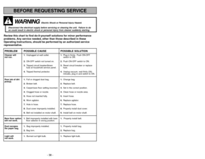 Page 38- 11 -
Power Vac Gauge Headlight Cord Length Bare Floor
120V AC(60Hz)
Yes Yes 9.1 m (30 Ft.) Yes
FEATURE CHART
Diagrama de característicasTableau des caractéristiques
BEFORE REQUESTING SERVICEWARNING
Electric Shock or Personal Injury Hazard.
Disconnect the electrical supply before servicing or cleaning the unit. Failure to do 
so could result in electric shock or personal injury from cleaner suddenly starting.
- 38 -
Review this chart to find do-it-yourself solutions for minor performance
problems. Any...