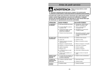 Page 39- 10 -
PARTS IDENTIFICATION
Identificación de piezas
Nomenclature
VA
C
G
A
U
G
E
FULL
Dust Cover
(Dust Bag Inside)Cubierta de bolsa
(Bolsa está adentro)
Couvercle
(du sac à poussière)On-Off SwitchInterruptor de
encendido-apagado
InterrupteurHoseManguera
Tuyau
Hose HolderSoporte para
la Manguera
Porte-tuyau
HeadlightLuz
Dispositif
d’éclairage
Furniture GuardProtector de meubles
Pare-chocs
Secondary Filter
(Inside Dust
Compartment)Filtro secundario
(Dentro de
cubierta de bolsa)
Filtre secondaire
(à...