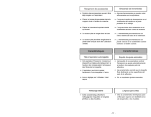 Page 17- 17 - Rangement des accessoires
Características
Caractéristiques
Boquilla de ajuste automático
Tête d’aspiration autoréglable
➢
La boquilla de su aspiradora vertical
Panasonic se ajusta automáticamente
a la altura de cualquier pelo de
alfombra.
➢
La característica permite que la boquilla
flote fácilmente en las superficies del
pelo de la alfombra.
➢
No se requieren ajustes manuales. ➢Cet aspirateur Panasonic incorpore un
dispositif qui règle automatiquement la
hauteur des brosses selon la longueur
des...