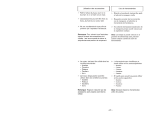 Page 25- 25 - - 28 -
➢La herramienta para hendiduras se
puede utilizar en los puntos siguientes: 
•
Muebles
•
Cojines
•
Cortinas
•
Escaleras
•
Paredes
➢El cepillo para sacudir se puede utilizar
en los puntos siguientes: 
•
Muebles•Cortinas
•
Escaleras
•
Paredes
➢Le suceur plat peut être utilisé dans les
conditions suivantes:
• Muebles
• Coussins
• Rideaux
• Escaliers
• Murs
➢La brosse à épousseter peut être
utilisée dans les conditions suivantes:
• Muebles
• Rideaux
• Escaliers
• Murs➢Girando y levantando hacia...