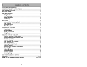 Page 8- 45 -
TABLE OF CONTENTS
- 8 -
CONSUMER INFORMATION................................................................................2 
IMPORTANT SAFETY INSTRUCTIONS ............................................................5
PARTS IDENTIFICATION..................................................................................10
FEATURE CHART..............................................................................................11
GETTING...