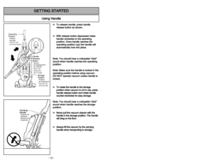 Page 12- 12 -
U Us
si
in
ng
g 
 H
Ha
an
nd
dl
le
e
G
GE
ET
TT
TI
IN
NG
G 
 S
ST
TA
AR
RT
TE
ED
DBoton de
liberación
del mangoBouton
de dégagement
du manche
Operating
PositionPosition
verticale
Posición de
funcionamiento
Position
de rangement
Posición de
almacenaje
Carrying
HandlePoignéede
transport
Mango para
tranportar
➢ ➢T
To
o 
 r
re
el
le
ea
as
se
e 
 h
ha
an
nd
dl
le
e;
; 
 p
pr
re
es
ss
s 
 h
ha
an
nd
dl
le
e
r re
el
le
ea
as
se
e 
 b
bu
ut
tt
to
on
n 
 a
as
s 
 s
sh
ho
ow
wn
n.
. 
 
➢ ➢W
Wi
it
th
h 
 r...