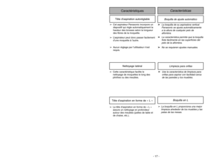 Page 17- 17 - - 36 -
Características
Caractéristiques
Boquilla de ajuste automático
Tête d’aspiration autoréglable
➢
➢
La boquilla de su aspiradora vertical
Panasonic se ajusta automáticamente
a la altura de cualquier pelo de
alfombra.
➢ ➢
La característica permite que la boquilla
flote fácilmente en las superficies del
pelo de la alfombra.
➢ ➢
No se requieren ajustes manuales
. ➢Cet aspirateur Panasonic incorpore un
dispositif qui règle automatiquement la
hauteur des brosses selon la longueur
des fibres de la...