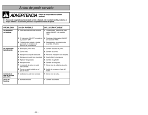 Page 44- 44 -
Tabla de contenido
Table des matières
Renseignements importants  ....................3
Importantes mesures 
de sécurité ..................................................6
Nomenclature ..........................................10
Tableau des caractéristiques ....................11
Préparatifs ................................................13
Utilisation de la poignée ....................13
Rangement du cordon ........................15
Crochet de rangement du cordon ......15
Rangement des...