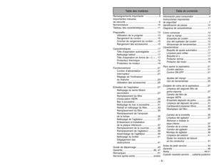 Page 9- 44 -
Tabla de contenido
Table des matières
Renseignements importants  ....................3
Importantes mesures 
de sécurité ..................................................6
Nomenclature ..........................................10
Tableau des caractéristiques ....................11
Préparatifs ................................................13
Utilisation de la poignée ....................13
Rangement du cordon ........................15
Crochet de rangement du cordon ......15
Rangement des...