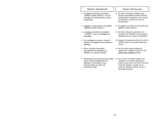 Page 23- 23 -
- 30 -
Dust Bin Assembly
Filtre primaire
Tamis filtrant
Bac à poussièrePrimary Filter
Filter Screen
Dust BinFiltro primario
Pantalla
Compartimiento
del polvodel filtro
LidCouvercle
Cubierta
Lid
➢ ➢
The Lid houses the primary filter.
Primary Filter
➢ ➢
Filter traps dirt and debris that is
picked up by the suction motor.
Filter Screen
➢ ➢
The filter screen traps larger
particles of dirt and debris from
reaching the filter.
Dust Bin
➢ ➢
Captures dirt and debris picked up
from the suction motor....