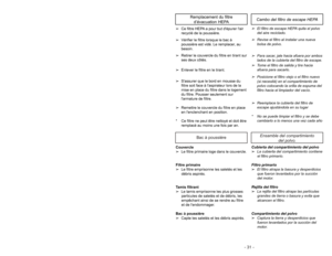 Page 31- 22 -- 31 - Bac à poussière
Ensamble del compartimiento
del polvo.
Couvercle
➢Le filtre primaire loge dans le couvercle.
Filtre primaire
➢Le filtre emprisonne les saletés et les
débris aspirés.
Tamis filtrant
➢Le tamis emprisonne les plus grosses
particules de saletés et de débris, les
empêchant ainsi de se rendre au filtre
et de lendommager.
Bac à poussière
➢Capte les saletés et les débris aspirés.
Cubierta del compartimiento del polvo
➢La cubierta del compartimiento contiene
el filtro primario.
Filtro...