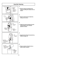 Page 32- 21 - - 32-
Dust BinBac à poussière
Compartimiento
del polvo
LidCouvercle
Cubierta
LidCouvercle
CubiertaUnlockDéverrouillé
Abierto
LockedCerrado Verrouillé
3)
➢ ➢
Rotate lid counter-clockwise from the
locked position to the unlocked
position as shown.
4)➢ ➢
Separate the lid from the dust bin by
lifting it straight off.
Release
LeverManija de
liberacionLevier de
dégagement
1)
➢ ➢
Remove dust bin assembly from
cleaner by lifting the release lever as
shown.2)
➢ ➢
Remove dust bin from cleaner by 
tilting...