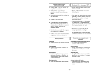 Page 31- 22 -- 31 - Bac à poussière
Ensamble del compartimiento
del polvo.
Couvercle
➢Le filtre primaire loge dans le couvercle.
Filtre primaire
➢Le filtre emprisonne les saletés et les
débris aspirés.
Tamis filtrant
➢Le tamis emprisonne les plus grosses
particules de saletés et de débris, les
empêchant ainsi de se rendre au filtre
et de lendommager.
Bac à poussière
➢Capte les saletés et les débris aspirés.
Cubierta del compartimiento del polvo➢
La cubierta del compartimiento
contiene el filtro primario.
Filtro...