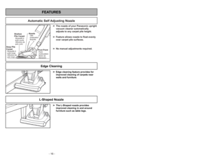 Page 16- 16 -
Automatic Self Adjusting Nozzle
➢ ➢
The nozzle of your Panasonic upright
vacuum cleaner automatically
adjusts to any carpet pile height.
➢ ➢
Feature allows nozzle to float evenly
over carpet pile surfaces.
➢ ➢
No manual adjustments required.
Shallow
Pile CarpetMoquette à
poils courts
Alfombra de
pelo corto
Deep Pile
CarpetMoquette à
poils longs
Alfombra de
pelo largo
Pivot PointPoint
d’articulation
Botón de
liberación
NozzleTête
daspiration
Boquilla
FEATURES
➢ ➢
Edge cleaning feature provides for...