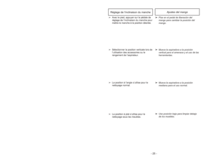 Page 25- 25 -Ajustes del mango
➢ ➢
Pise en el pedal de liberación del
mango para cambiar la posición del
mango.
➢ ➢
Mueva la aspiradora a la posición
vertical para el amenace y el uso de las
herramientas.
➢ ➢
Mueva la aspiradora a la posición
mediana para el uso normal.
➢ ➢
Use posición baja para limpiar debajo
de los muebles. ➢Avec le pied, appuyer sur la pédale de
réglage de l’inclinaison du manche pour
mettre le manche à la position désirée.
➢Sélectionner la position verticale lors de
l’utilisation des...