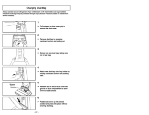 Page 22- 22 -- 19 -
6
6)
)
➢ ➢R
Ro
ot
ta
at
te
e 
 d
du
us
st
t 
 c
co
ov
ve
er
r 
 u
up
p 
 i
in
nt
to
o 
 c
cl
lo
os
se
ed
d
p po
os
si
it
ti
io
on
n 
 a
an
nd
d 
 p
pr
re
es
ss
s 
 i
in
nt
to
o 
 p
pl
la
ac
ce
e 
 w
wi
it
th
ho
ou
ut
t
p pi
in
nc
ch
hi
in
ng
g 
 d
du
us
st
t 
 b
ba
ag
g
.5 5)
)
➢ ➢R
Re
ei
in
ns
se
er
rt
t 
 t
ta
ab
b 
 o
on
n 
 e
en
nd
d 
 o
of
f 
 d
du
us
st
t 
 c
co
ov
ve
er
r 
 i
in
nt
to
o
g gr
ro
oo
ov
ve
e 
 o
on
n 
 d
du
us
st
t 
 c
co
om
mp
pa
ar
rt
tm
me
en
nt
t 
 t
to
o 
 a
al
ll...