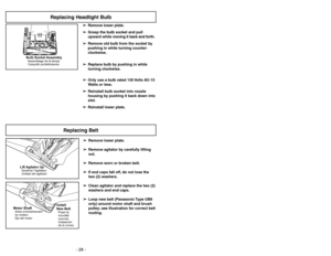 Page 28Protecteur du moteur
Protector de motorLimpieza para orillas
Nettoyage latéral
➢Use la característica de limpieza para
orillas para aspirar con facilidad cerca
de las paredes y los muebles.
➢Cette caractéristique facilite le
nettoyage de moquettes le long des
plinthes ou des meubles.
- 17 - - 28 -
Características
Caractéristiques
Boquilla de ajuste automático
Tête d’aspiration autoréglable
➢La boquilla de su aspiradora vertical
Panasonic se ajusta automáticamente
a la altura de cualquier pelo de...