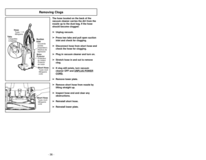 Page 36- 36 -
The hose located on the back of the
vacuum cleaner carries the dirt from the
nozzle up to the dust bag. If the hose
should become clogged:
➢ ➢
Unplug vacuum.
➢ ➢
Press two tabs and pull open suction
inlet and check for clogging.
➢ ➢
Disconnect hose from short hose and
check the hose for clogging.
➢ ➢
Plug in vacuum cleaner and turn on.
➢ ➢
Stretch hose in and out to remove
clog.
➢ ➢
If clog still exists, turn vacuum
cleaner OFF and UNPLUG PO
WER
CORD
.
➢ ➢
Remove lower plate.
➢ ➢
Remove short hose...