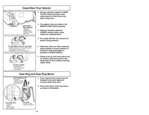 Page 18- 18 -
➢ ➢
Hose ring and hose ring mount are
designed to prevent tipping of
vacuum while using tools.
➢ ➢
Place hose ring in hose ring mount
as shown in illustration.
Hose RingAnneau du tuyau
Anillo para manguera
Hose Ring KnobCrochet de
l’anneau
Botón del anillo
para manguera
Hose Ring MountSupport de
l’anneau du tuyau
Soporte para anillo
para manguera
CARPETBARE
FLOOR
(TOOLS)
Carpet-Bare
Floor SelectorSélecteur
tapis/plancher
Selector carpet-
bare floorCarpet-Bare Floor Selector
Cambio de la correa...