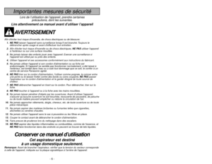 Page 6- 43 -
Importantes mesures de sécurité
WARRANTY
Panasonic Vacuum  Cleaner
Limited Warranty
(United States)
Panasonic Consumer Electronics Company (collectively referred to as “the warrantor”) will repair
this product with new or refurbished parts free of charge, in the U.S.A. or Puerto Rico for one (1)
year from the date of original purchase in the event of a defect in materials or workmanship.
This Limited 
Warranty Exc
ludes both Labor and P
arts f
or the f
ollo
wing items whic
h require
normal...