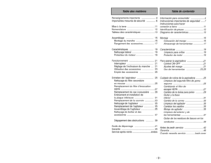 Page 9Tabla de contenido
Table des matières
Renseignements importants  ...................... 3
Importantes mesures de sécurité  .............. 6
Mise à la terre ............................................11
Nomenclature .......................................... 12
Tableau des caractéristiques ......................13
Assemblage ............................................ 15
Montage du manche  ..............................15
Rangement des accessoires .................. 17
Caractéristiques...