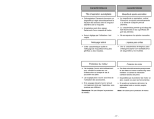 Page 17Limpieza para orillas
Nettoyage latéral
➢
Use la característica de limpieza para
orillas para aspirar con facilidad cerca
de las paredes y los muebles. ➢Cette caractéristique facilite le
nettoyage de moquettes le long des
plinthes ou des meubles.
- 17 - - 32 -
Características
Caractéristiques
Boquilla de ajuste automático
Tête d’aspiration autoréglable
➢
La boquilla de su aspiradora vertical
Panasonic se ajusta automáticamente
a la altura de cualquier pelo de
alfombra.
➢
La característica permite que la...