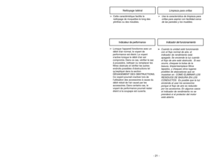 Page 21- 21 - - 28 -
6)
➢ ➢
Rotate bag holder into closed
position and press into place without
pinching dust bag.5)
➢ ➢
Reinsert tabs on the bottom of bag
holder into groove on the front of
dust compartment.3)
➢ ➢
Spread out new dust bag, taking care
not to tear bag.4)
➢ ➢
Attach new dust bag onto bag holder
by holding cardboard collar and
sliding it back into the bag holder.
Changing Dust Bag
Always operate vacuum cleaner with genuine Panasonic Type U12 Electrostatic or U10 HEPA
dust bags installed. Panasonic...