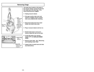 Page 38- 11 -
VoltajeProtector termal 
Extensión de cordón
Herramientas
120 V c.a. (60 Hz)
Si 10.6 m (35pi) Si
Power Thermal Protector Cord Length Tools
120V AC (60 Hz)
Yes 10.6  m (35Ft.) Yes
AlimentationProtecteur thermique
Longueur du cordonAccessoires
120 V c.a. (60 Hz)
Oui 10.6  m  (35 pi) OuiFEATURE CHART
Diagrama de característicasTableau des caractéristiques
- 38 -
Nozzle HoseTuyau
Manguera
Hose InletEntrée du tuyau
Conecciónde
manguera
Removing Clogs
Body Hose
Tuyau
Manguera
Cover
(Suction Inlet)...