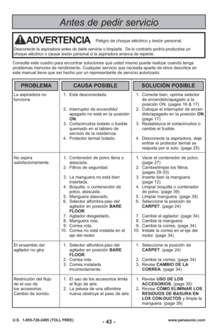 Page 43La aspiradora no 1. Está desconectada.1. Conecte bien, oprima selector 
funciona. de encendido/apagado a la 
posición ON. (pages 16 & 17)
2. Interruptor de encendido/ 2. Coloque el interruptor de encen apagado no está en la posición  dido/apagado en la posición  ON.
ON. (page 17)
3. Cortacircuitos botado o fusible 3. Restablezca el cortacircuitos o quemado en el tablero de  cambie el fusible.
servicio de la residencia.
4.  Protector termal botado.  4.  Desconecte la aspiradora, deje enfriar el protector...