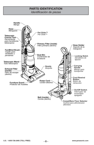 Page 8- 8 -www.panasonic.com
U.S.  1-855-726-2495 (TOLL FREE)
PARTS IDENTIFICATION 
Identificación de piezas
Belt (inside)
Correa (dentro)
Handle
Mango
Dust Bin
Contenedor de
la basura
Furniture Guard
Protector de muebles
Primary Filter (inside)
Filtro primario (dentro)
Exhaust Filter
(inside)
Filtro de escape
(dentro)
Telescopic
Crevice Tool
Herramienta
para hendiduras
telescopíca
Telescopic Wand
Tubo telescópico Hose
Manguera
Nozzle
Boquilla
Power Cord
Cordón eléctrico
On/Off Switch
Interruptor de...