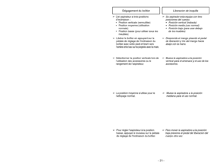 Page 21- 40 -
➢ ➢
Bef
ore ser
vicing an
y par
ts,
disconnect v
acuum c
leaner fr
om
electrical outlet.
➢ ➢
Always place paper under nozzle
whenever lower plate is removed to
protect floor.
➢ ➢
Place body in upright position and
turn vacuum cleaner over to expose
lower plate.
➢ ➢
Release lower plate by pressing two
(2) latches and two (2) locking tabs
inward as shown. (Fig. 1)
➢ ➢
Remove lower plate and remove any
residue that may exist in belt area.
➢ ➢
Reinstall lower plate by hooking front
end of lower plate...