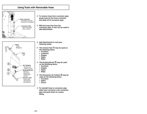 Page 20- 20 -
Hose connector
Connecteur de tuyau
Conector de mangueraConnector Pipe
Tube connecteur
Tubo conector
➢ ➢
To remove hose from connector pipe;
grasp hose by the hose connector
and slide off of connector pipe.
123
HoseTuyau
Manguera
Air TurbineTurbineàair
Turbina de aireDusting BrushBrosseà
épousseter
Cepillo para
sacudirCrevice ToolSuceur plat
Herramienta
para tapicesWand
TubeTubo
Using Tools with Removable Hose
➢ ➢
With the hose free from the
connector pipe, it now can be used to
add attachments.
➢...