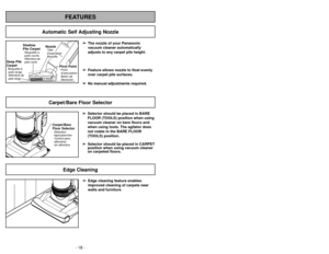 Page 18- 18 -
FEATURES
Automatic Self Adjusting Nozzle
➢
➢The nozzle of your Panasonic
vacuum cleaner automatically
adjusts to any carpet pile height.
➢ ➢ Feature allows nozzle to float evenly
over carpet pile surfaces.
➢ ➢ No manual adjustments required.
Shallow
Pile CarpetMoquette à
poils courts
Alfombra de
pelo corto
Deep Pile
CarpetMoquette à poils longs
Alfombra de
pelo largo
NozzleTête
daspiration
Boquilla
Pivot PointPoint
d’articulation
Botón de
liberación
Carpet/Bare
Floor SelectorControl para...