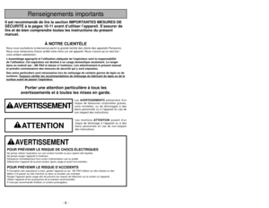 Page 6- 6 -- 63 -
WARRANTY /Garantie / Garantía
Renseignements importantsPorter une attention particulière à tous les
avertissements et à toutes les mises en garde.
AVERTISSEMENT
POUR PRÉVENIR LE RISQUE DE CHOCS ÉLECTRIQUESNe jamais utiliser l’aspirateur sur une surface humide ou pour aspire\
r des liquides.
Ne jamais ranger l’appareil à l’extérieur.
Remplacer immédiatement tout cordon d’alimentation usé ou éraillé.
Débrancher l’appareil de la prise secteur après usage et avant tout entretien.POUR PRÉVENIR LE...