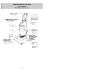 Page 10- 10 -
PARTS IDENTIFICATION
Nomenclature
Identificación de piezas
Carrying HandlePoignée de transport
Mango para transportarDust BinBac à poussière
Cubo de la basura
HeadlightLuz Dispositif
d’éclairage
Exhaust Filter
MC-V194H (inside)Filtro de escape
(dentro) Filtre d’évacuation
(a l’intérieur)
Adjustable Handle
Release ButtonMango ajustable,
botón de liberación Bouton de dégagement
de la poignée ajustable
Overload Protector
(Reset Button)Protector contra sobrecargas
(Botón de restauración) Protecteur de...