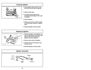 Page 28- 28 -- 13 -
Power
Motor Protector 
Height Adjust Cord Length
120V AC (60Hz)
Yes Auto 50 Ft. (15.25m)FEATURE CHART
Diagrama de característicasTableau des caractéristiques
Voltaje
Protector de Adjust de nivel
Extensión
motor
de cordón
120V AC (60Hz)
Si Auto 15,25 m (50 pi)
Alimentation Protecteur Réglage de la Cordon
du moteur hauteur des brosses d’alimentation
120 V c.a. (60 Hz)
Oui Auto 15,25 m (50 pi)
Cleaning Agitator
➢ ➢
Clean agitator after every five uses
and every time the belt is replaced.
➢ ➢...