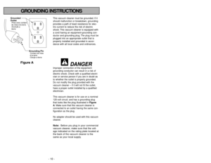 Page 10- 10 -
- 31 -
GROUNDING INSTRUCTIONS
This vacuum cleaner must be grounded. If it
should malfunction or breakdown, grounding
provides a path of least resistance for elec-
tric current to reduce the risk of electric
shock. This vacuum cleaner is equipped with
a cord having an equipment-grounding con-
ductor and grounding plug. The plug must be
plugged into an appropriate outlet that is
properly installed and grounded in accor-
dance with all local codes and ordinances.
DANGER
Improper connection of the...