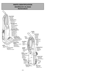 Page 12- 12 -
- 37 -
PARTS IDENTIFICATION
Identificación de piezas
Nomenclature
Furniture GuardPare-chocs
Protector de meubles
NozzleTête d’aspiration
Boquilla
Foot Rest For
Handle ReleasePedal de liberación
del mangoPédalederéglage de
linclinaison du manche
Secondary Filter
(Inside Dust Cover)Filtro secundario
(Dentro de
cubierta la bolsa) Filtre secondaire
(àl’intérieur du
logement du sac
àpoussière)
ON-OFF SwitchInterrupteur
Control On-Off
Hose HolderPorte-tuyau
Soporte de
la manguera
Dust Cover
(Dust Bag...