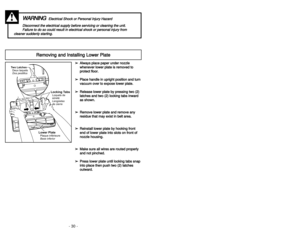 Page 30- 30 -
Limpieza para orillas
Nettoyage latéral
➢Use la característica de limpieza para
orillas para aspirar con facilidad cerca
de las paredes y los muebles.
➢Cette caractéristique facilite le
nettoyage de moquettes le long des
plinthes ou des meubles.
➢Se abre automáticamente para proveer
el aire fresco al motor cuando hay unos
residuos o cuando es necesario
cambiar la bolsa de polvo.
➢Es posible que el protector del motor se
abra cuando se usan las herramientas
➢Si se abre el protector del motor, la...