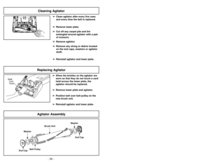 Page 34- 34 -
1)
➢Ne brancher qu’une fois l’assemblage
terminé.
➢Retirer la vis du manche.
➢Insérer le manche avec le crochet de
rangement du cordon à l’arrière de
l’aspirateur.
2)
➢Insérer la vis.
➢Serrer la vis.
3)
➢Insérer le cordon d’alimentation à
l’intérieur du crochet.
4)
➢Enrouler le cordon autour du crochet.
➢Fixer la fiche au cordon d’alimentation à
l’aide de son agrafe.
Colocación del mango
Montaje
Assemblage
Montage du manche
1)➢No enchufe hasta que el montaje esté
completo.
➢Quite el tornillo del...