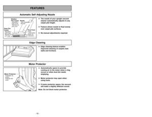 Page 16- 16 -- 33 -
Motor Protector
➢ ➢
Edge cleaning feature enables
improved cleaning of carpets near
walls and furniture.➢
➢
Automatically opens to provide
cooling air to the motor when a clog
occurs or when dust bin needs
emptying.
➢ ➢
Motor protector may open when
using tools.
➢ ➢
If motor protector opens, the vacuum
will make a slightly different sound.
Note: Do not block motor protector.
FEATURESEdge Cleaning
Motor ProtectorProtecteur du
moteur
Protector del
motor
Automatic Self Adjusting Nozzle
➢ ➢
The...