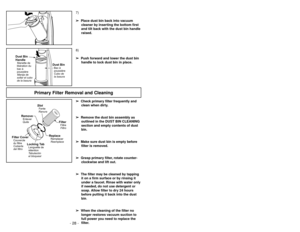 Page 28- 21 -
Siguiendo las instrucciones dadas, su nueva
aspiradora Panasonic funcionará al nivel máximo
y continuará funcionando por mucho años en el
futuro. Lea la sección “Antes de pedir servicio” en
este manual para las recomendaciones para
arreglar unos problemas que puedan ocurrir.Cuidado de rutina de la aspiradora
Entretien de l’aspirateur
Les tâches décrites ci-dessous vous permettront
de tirer un rendement optimal de votre aspirateur
de longues années durant. Se reporter au
“Guide de dépannage” pour...