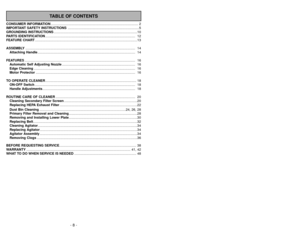 Page 8- 8 -
- 41 -
TABLE OF CONTENTS
CONSUMER INFORMATION............................................................................................. 2
IMPORTANT SAFETY INSTRUCTIONS ............................................................................5
GROUNDING INSTRUCTIONS.........................................................................................10
PARTS IDENTIFICATION................................................................................................ 12
FEATURE...