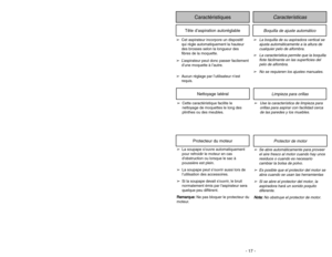 Page 17- 17 -
Limpieza para orillas
Nettoyage latéral
➢Use la característica de limpieza para
orillas para aspirar con facilidad cerca
de las paredes y los muebles.
➢Cette caractéristique facilite le
nettoyage de moquettes le long des
plinthes ou des meubles.
➢Se abre automáticamente para proveer
el aire fresco al motor cuando hay unos
residuos o cuando es necesario
cambiar la bolsa de polvo.
➢Es posible que el protector del motor se
abra cuando se usan las herramientas
➢Si se abre el protector del motor, la...